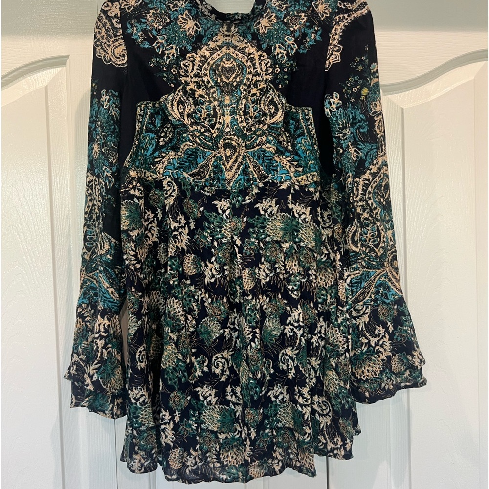 Free People High Neck Mini Dress with Tie KeyHole Back and Flared Sleeves